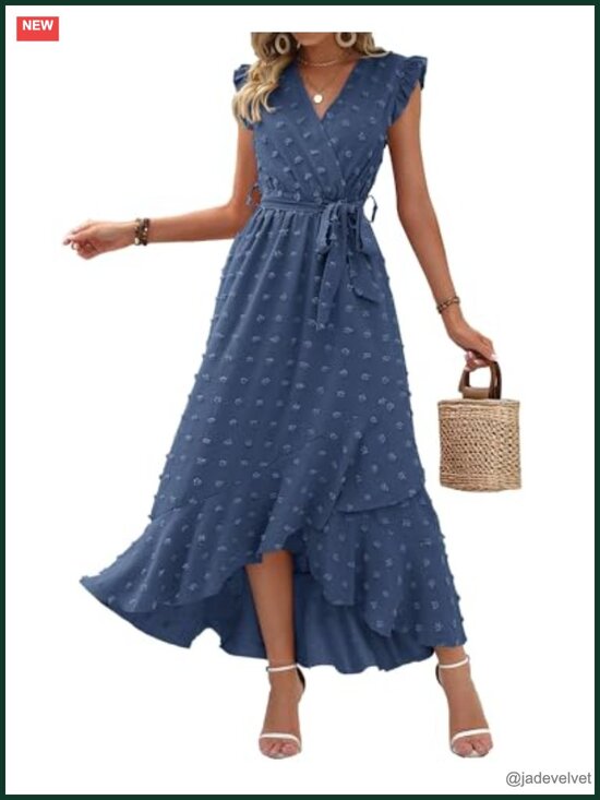 Dresses & Skirts - Swiss Dot Flowy Ruffle Wrap V-Neck Cap Sleeve Maxi Dress